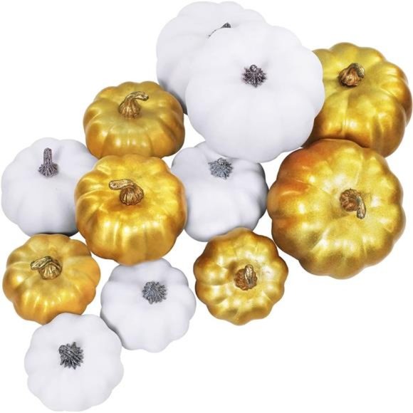 12Pcs Assorted Small Artificial Gold White Pumpkins Harvest Decorative Pumpkins - Picture 5 of 7